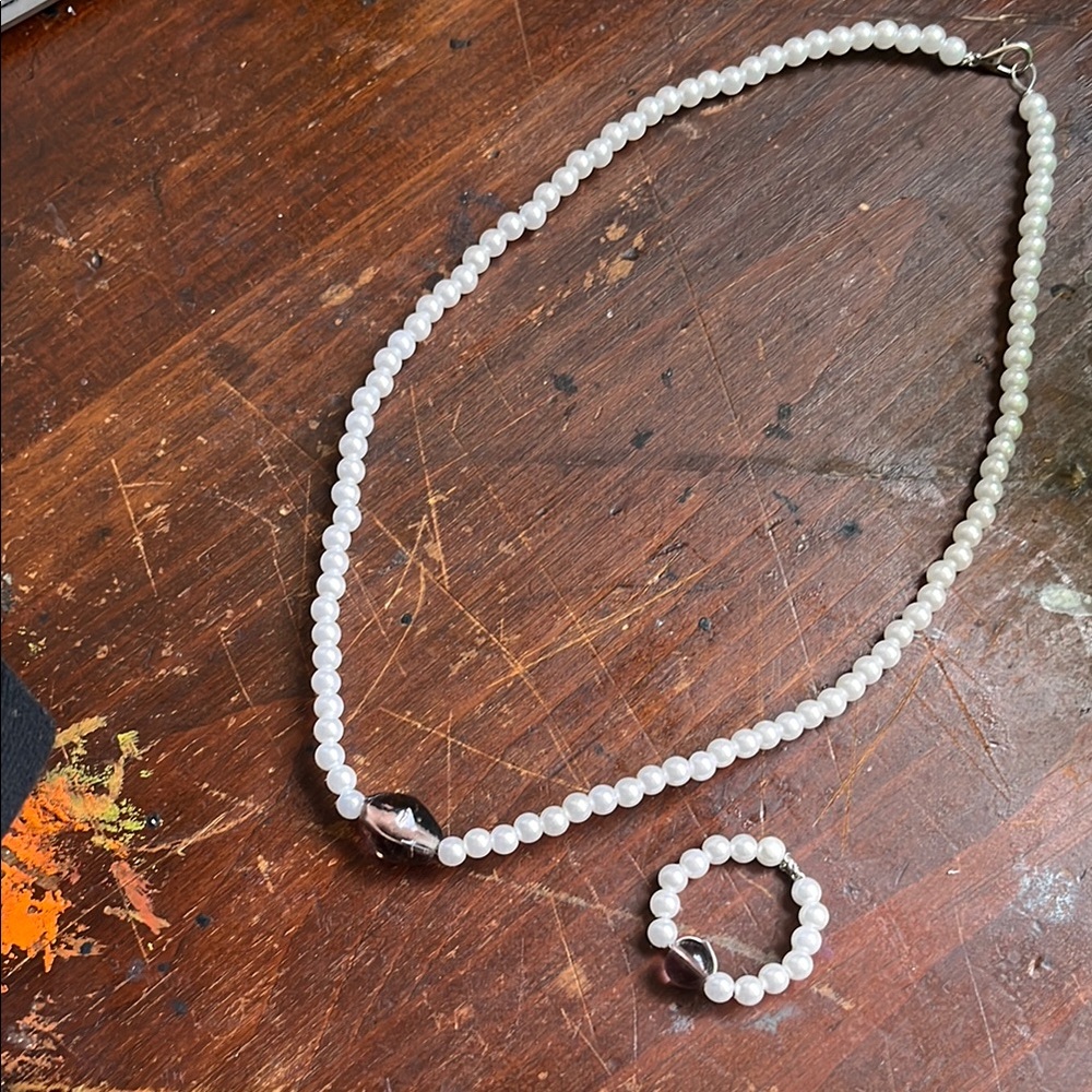Purple and white Necklace and ring Set